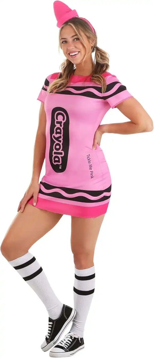 Tickle Me Pink Crayola Crayon Women's Costume - Dress with Foam Hat, Officially Licensed