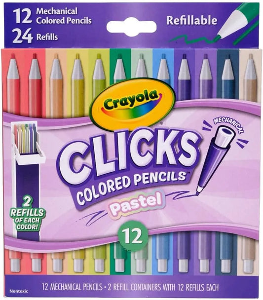 Crayola Clicks 2.0mm Mechanical Colored Pencil Set, 12 Pastel Colors, Cute School Supplies for Teachers, 24 Replacement Cores, Ages 6+