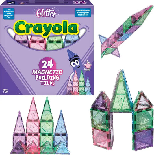 CreateOn Crayola Glitter Magnetic Tiles, Building Set for Kids, Magnetic Tiles, Kids’ Building Toys, STEM & Montessori Toys for Boys and Girls Ages 3+, 24-Piece Set (Glitter)