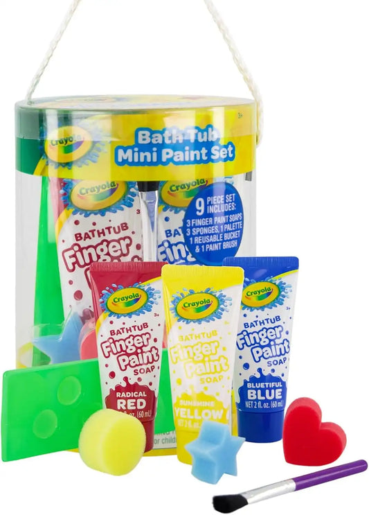 Crayola Bath Tub Mini Paint Set 9 Piece Art Kit - Brushes, Sponges, & Wash Away Finger Paints, Blue Yellow & Red Color Tub Fingerpaints