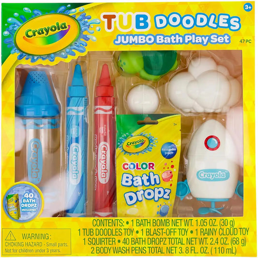 Crayola Bath Tub Doodles Jumbo Bath Time Play Set, Includes 40 Color Bath Dropz, 1 Bath Bomb, 2 Body Wash Pens & 4 Floating Toys, Non-Toxic, Stain Free
