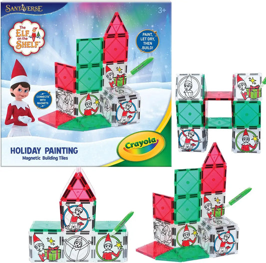 CreateOn Crayola Elf on the Shelf Paint On Tiles, Magnetic Building Tiles Kit with Crayola Paint Tubes | Christmas Holiday Craft Toy | 18-Piece Magnetic Construction & Painting Set for Kids Ages 3+