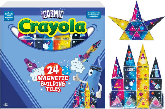 CreateOn Crayola Magnetic Tiles, Building Set for Kids, Magnetic Blocks, Travel Toys, Classroom Sensory Toys, STEM & Montessori Tools for Boys & Girls Ages 3+, 24-Piece Set (Cosmic)